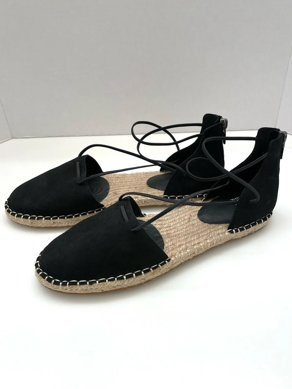 Eileen Fisher Black Nubuck Leather Espadrille Flats 9 Ankle-Wrap Lace Casual NEW